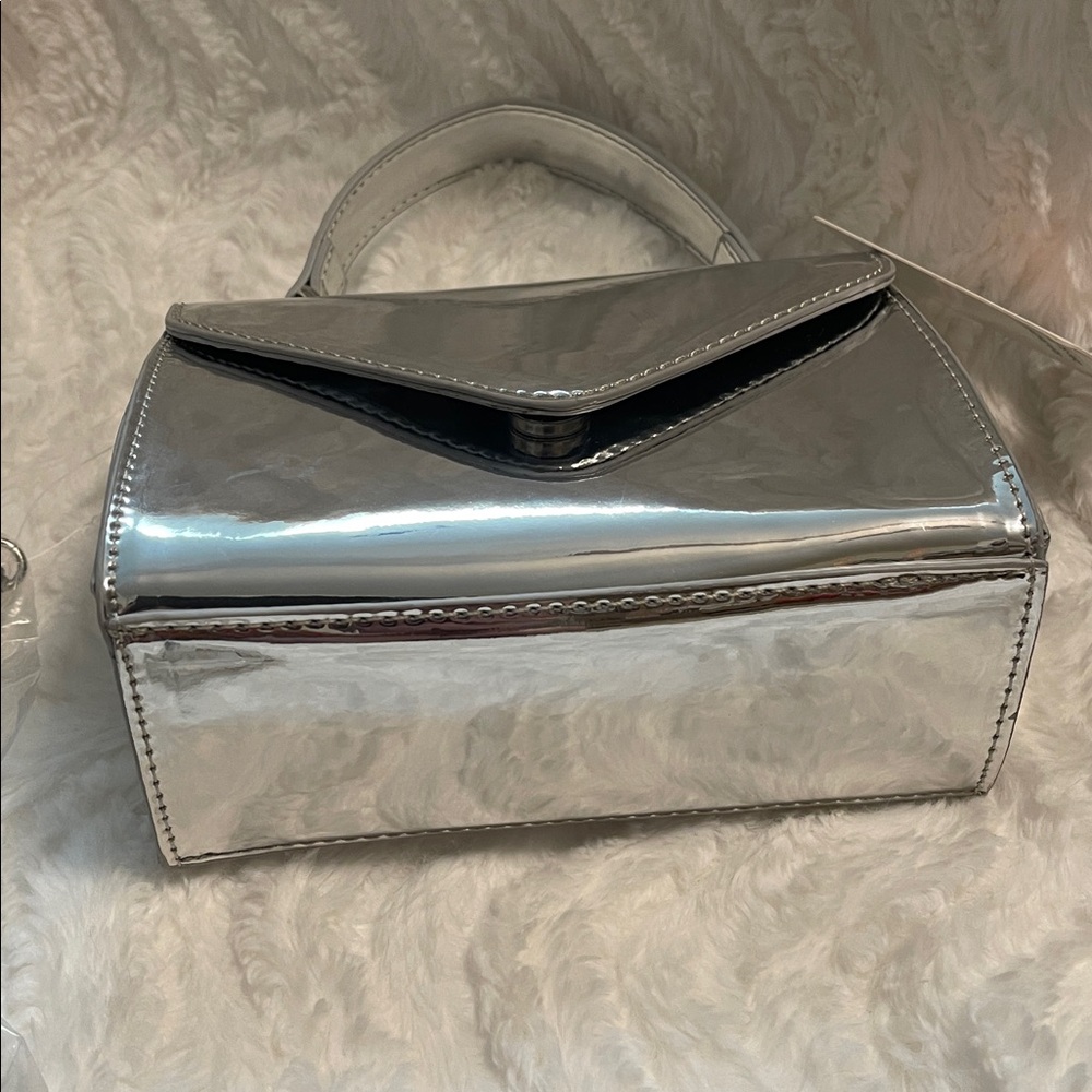 Shiny Metallic Silver Top-Handle Crossbody Bag - Picture 14 of 16